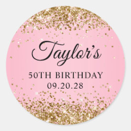 Pegatina Redonda Purpurina de oro Rosa 50 cumpleaños