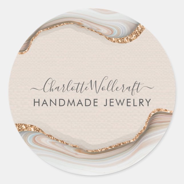 Pegatina Redonda Purpurina de oro rosa Marble Agate Joyería hecha a (Anverso)