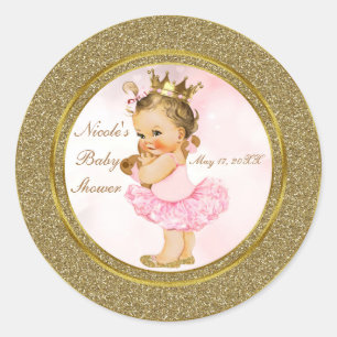 Pegatina Redonda Purpurina de oro rosa Princesa Vintage Baby Favor