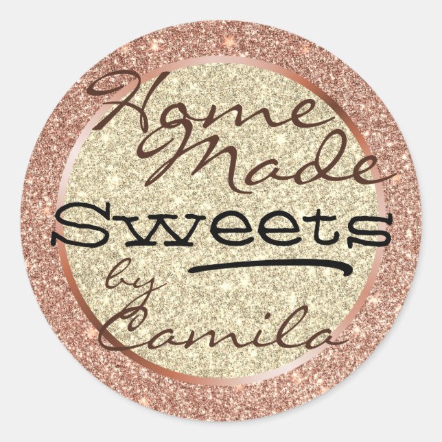 Pegatina Redonda Purpurina de oro rosa rosa hecho en casa - Texto c (Anverso)