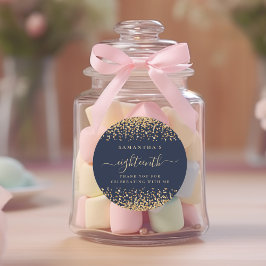 Pegatina Redonda Purpurina de oro Script Navy Blue 18th Fiesta Grac