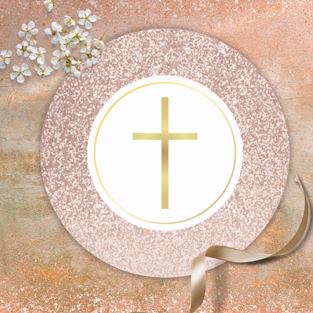 Pegatina Redonda Purpurina de oro simple cruzado de oro Rosa (Simple Gold Cross Rose Gold Glitter Classic Round Sticker)