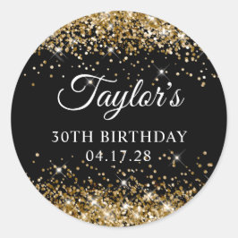 Pegatina Redonda Purpurina de oro y cumpleaños 30 negro
