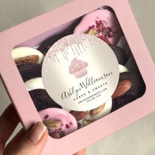 Pegatina Redonda Purpurina de pasteles rosados gotea pastelería Che