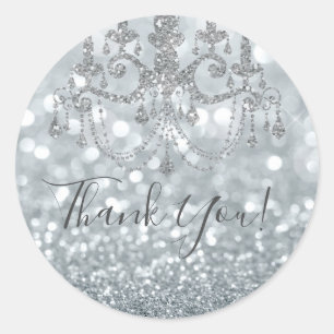Pegatina Redonda Purpurina de plata blanca Bokeh Glam Chandelier Fi