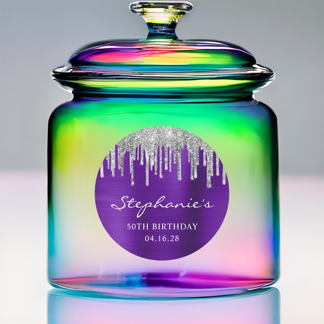 Pegatina Redonda Purpurina de plata gotea violeta púrpura 50 cumple (Create your own dripping silver glitter purple stickers.)