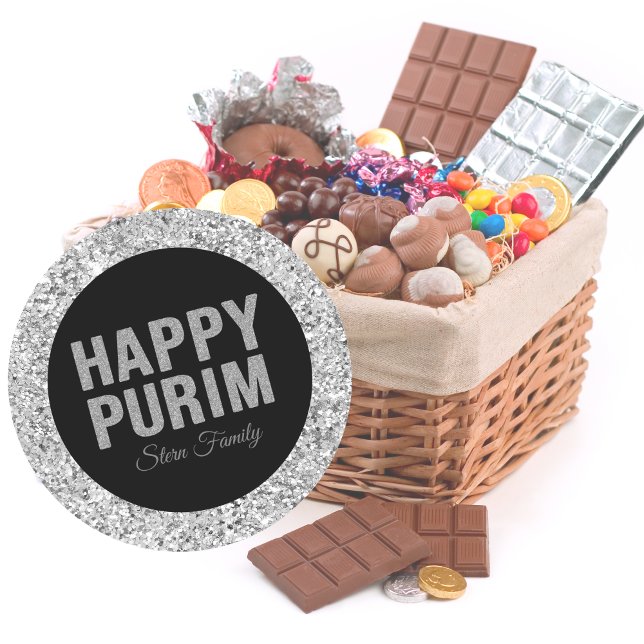 Pegatina Redonda Purpurina de plata Hebreo Happy Purim (Subido por el creador)