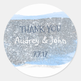 Pegatina Redonda Purpurina de Plata Pastel Blue Painting Gracias