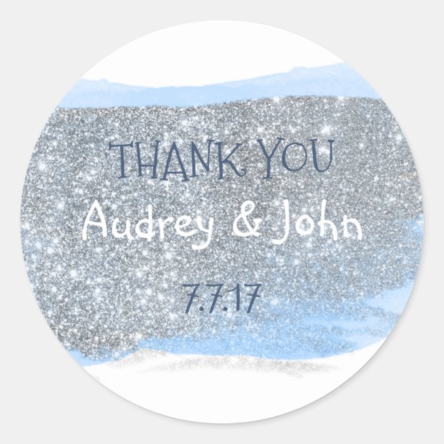 Pegatina Redonda Purpurina de Plata Pastel Blue Painting Gracias (Anverso)