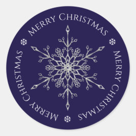 Pegatina Redonda Purpurina de plata Snowflake Feliz Navidad Azul