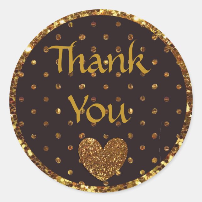Pegatina Redonda Purpurina de Punto de Polka Negro y Oro Gracias Pe (Anverso)