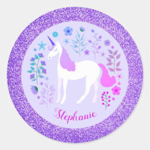 Pegatina Redonda Purpurina de unicornio rosa morado personalizado