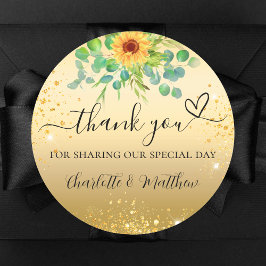 Pegatina Redonda Purpurina del oro del girasol gracias boda