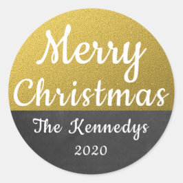 Pegatina Redonda Purpurina del oro y Felices Navidad de la pizarra