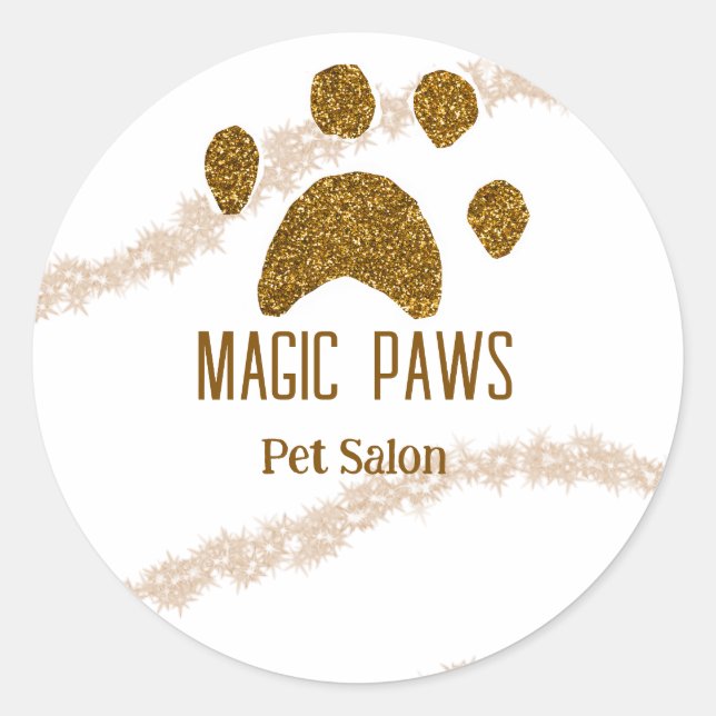 Pegatina Redonda Purpurina dorado paws mascota salon añadir nombre  (Anverso)
