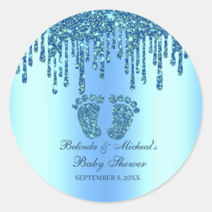 Pegatina Redonda Purpurina Drip Blue Baby Feet Baby Shower