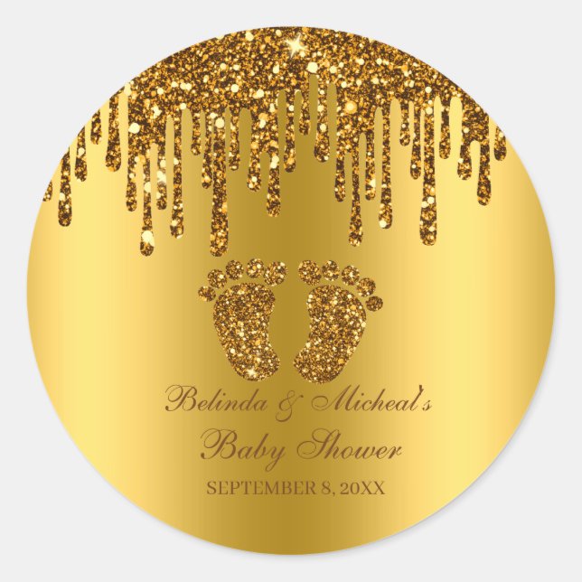 Pegatina Redonda Purpurina Drip Gold Baby Feet Baby Shower (Anverso)