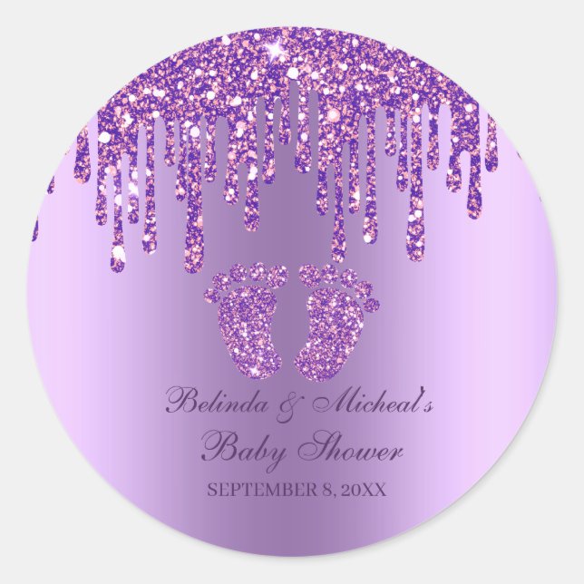 Pegatina Redonda Purpurina Drip Pies Purple Baby Baby Shower (Anverso)
