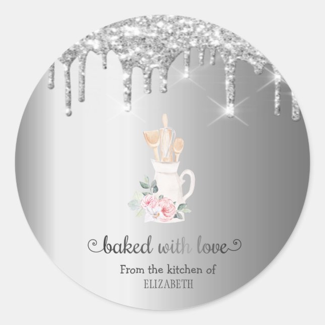 Pegatina Redonda Purpurina Dris Flores Panadería Herramientas de re (Anverso)