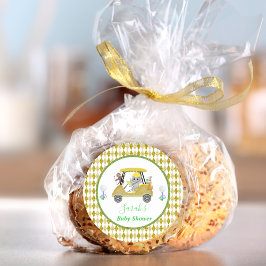 Pegatina Redonda Purpurina Elefante y Monkey Golf Baby Shower Retur