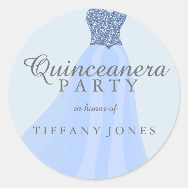Pegatina Redonda Purpurina esparcido azul vestido Fiesta Quinceaner (Anverso)