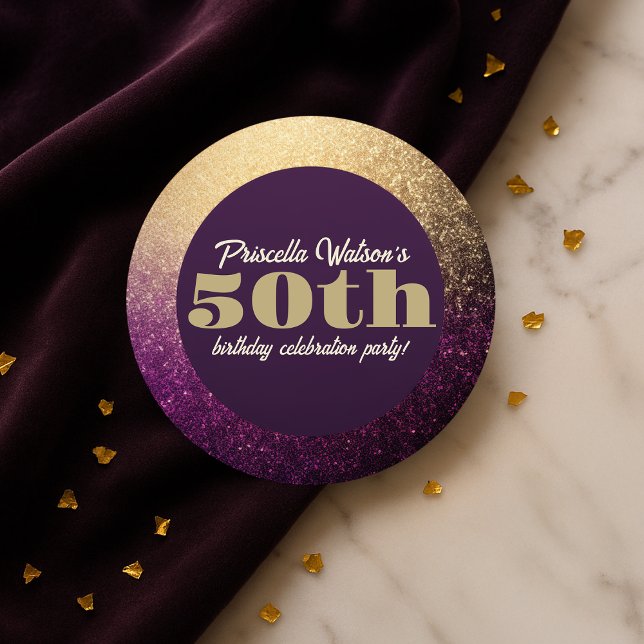 Pegatina Redonda Purpurina esparcido morado y fiesta de cumpleaños  (Sparkling Glitter Purple and Gold Birthday Party Classic Round Sticker)