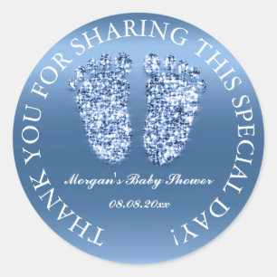 Pegatina Redonda Purpurina Feet Baby Shower Favor Gracias Blue Boy