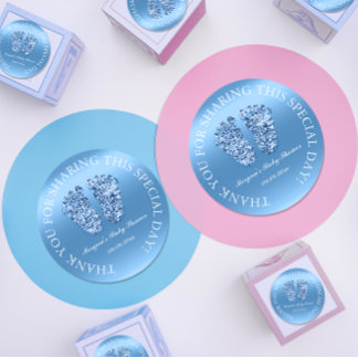 Pegatina Redonda Purpurina Feet Baby Shower Favor Gracias Blue Boy