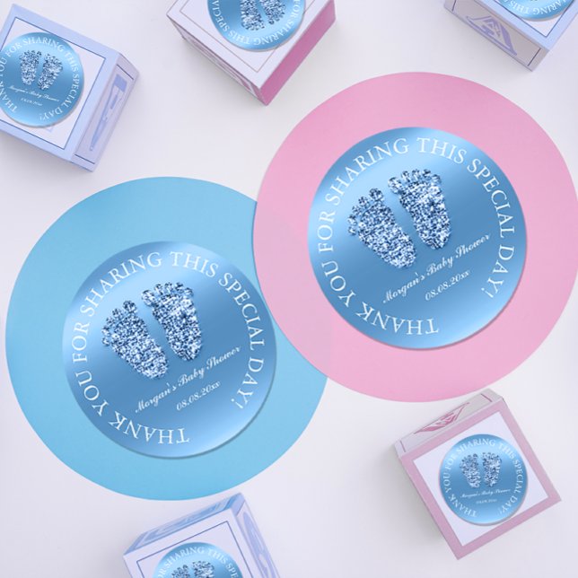 Pegatina Redonda Purpurina Feet Baby Shower Favor Gracias Blue Boy (Baby Blue Shower Glitter Effect Feet Sticker Thank You Favor)