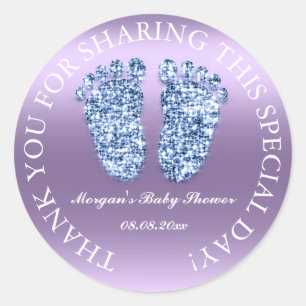 Pegatina Redonda Purpurina Feet Baby Shower Favor Gracias Blue Viol