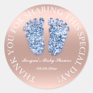 Pegatina Redonda Purpurina Feet Baby Shower Favor Gracias Rosa Azul