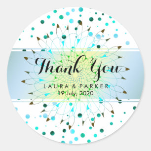 Pegatina Redonda Purpurina Floral Azul Gracias Boda Confetti