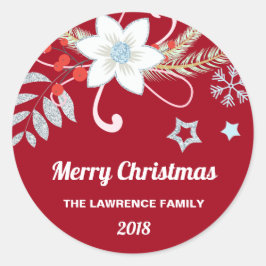 Pegatina Redonda Purpurina floral Snowflakes Navidades rojos
