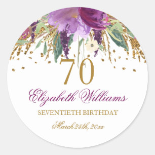 Pegatina Redonda Purpurina floral Sparkling Amethyst 70th Birthday