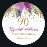 Pegatina Redonda Purpurina floral Sparkling Amethyst 90th Birthday<br><div class="desc">Colección de cumpleaños coincidente en la tienda Little Bayleigh. Hemos utilizado obras de arte de: www.createthecut.com</div>