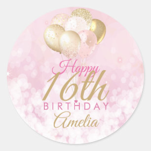 Pegatina Redonda Purpurina Girly Pink Globos 16 cumpleaños