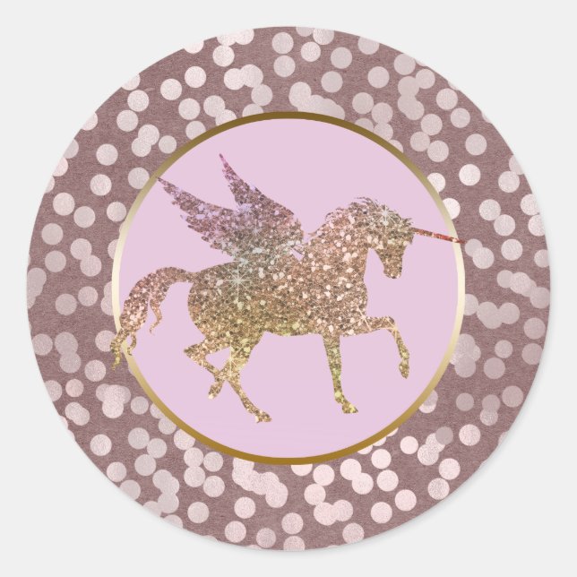 Pegatina Redonda Purpurina Glam Pink & Gold Volando Favor Unicornio (Anverso)