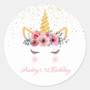 Pegatina Redonda Purpurina Gold Bebé de cumpleaños de unicornio fl