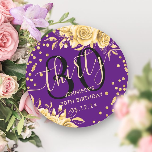 Pegatina Redonda Purpurina Gold Purple Floral 30 aniversario guión (Gold Purple Floral Glitter 30th Birthday Script Classic Round Sticker)