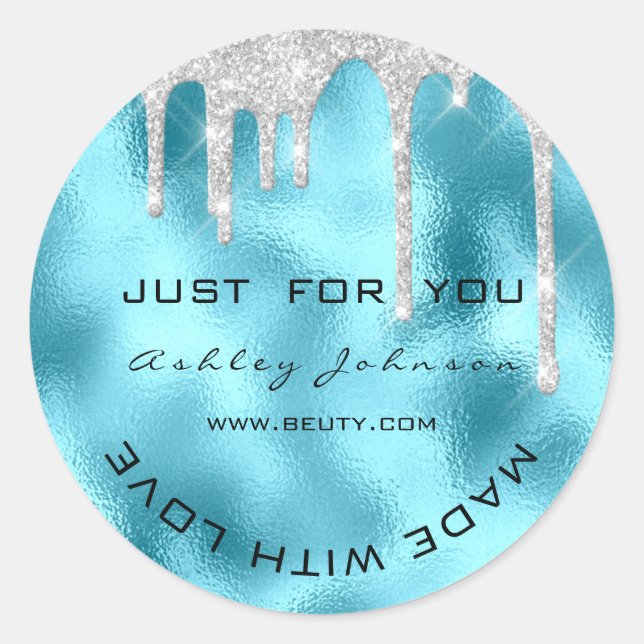 Pegatina Redonda Purpurina Gracias Azul Plateado Hecho Con Nombre D (Anverso)