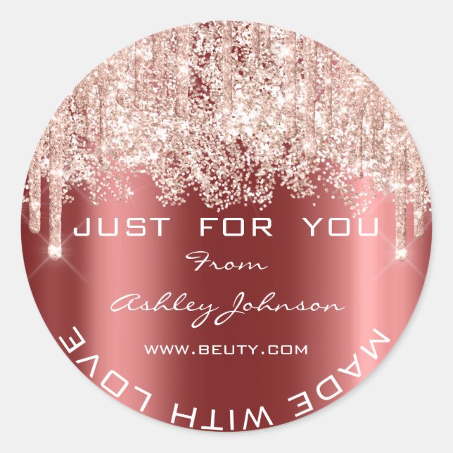 Pegatina Redonda Purpurina Gracias Hecho Con Amor Borgoña Confetti  (Anverso)