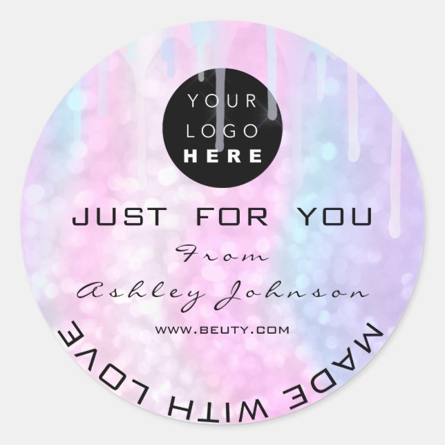 Pegatina Redonda Purpurina Gracias Logotipo Holograma Hecho Azul Ro (Anverso)