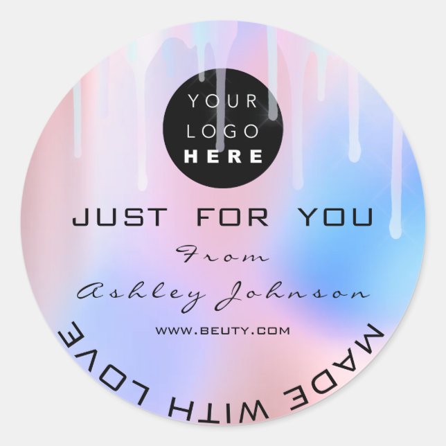 Pegatina Redonda Purpurina Gracias Logotipo Holograph Made Blue Ros (Anverso)