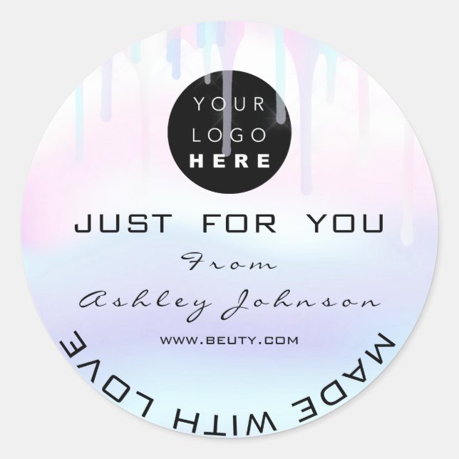 Pegatina Redonda Purpurina Gracias Logotipo Holograph Made Blue Whi (Anverso)