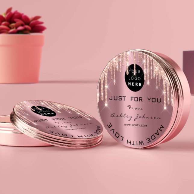 Pegatina Redonda Purpurina Gracias Logotipo Perforaciones Rosas Hec (Glitter Thank Logo Rose Drips Made With Love Pink Classic Round Sticker)