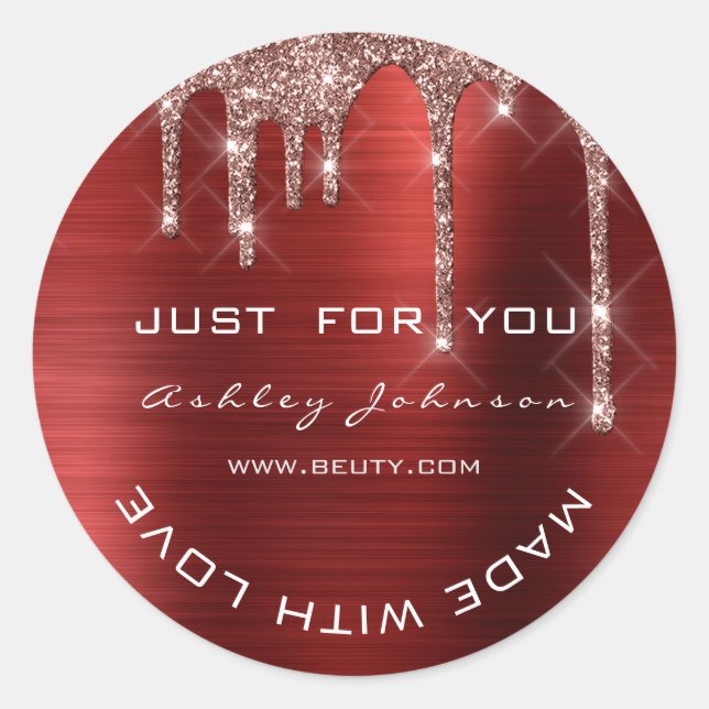 Pegatina Redonda Purpurina Gracias Rosa Rojo Hecho Con Busi Pequeño (Anverso)