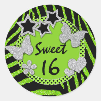 Pegatina Redonda Purpurina Green Black Silver FAUX Sweet 16 Pegatin