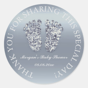Pegatina Redonda Purpurina Gris Pies Baby Shower Favor Gracias Azul