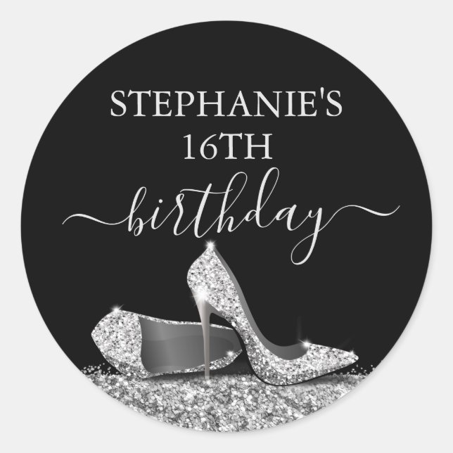 Pegatina Redonda Purpurina High Heel 16th Birthday Silver Favor (Anverso)