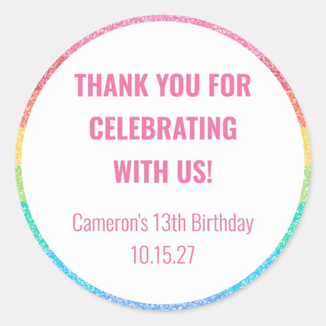 Pegatina Redonda Purpurina lindo Personalizado arcoiris Cumpleaños  (Anverso)